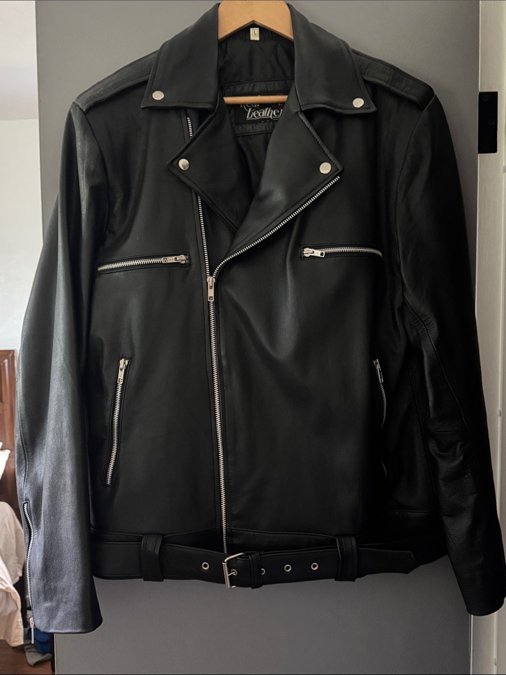 😎Motorcycle jacket Black leather zipper strap Large